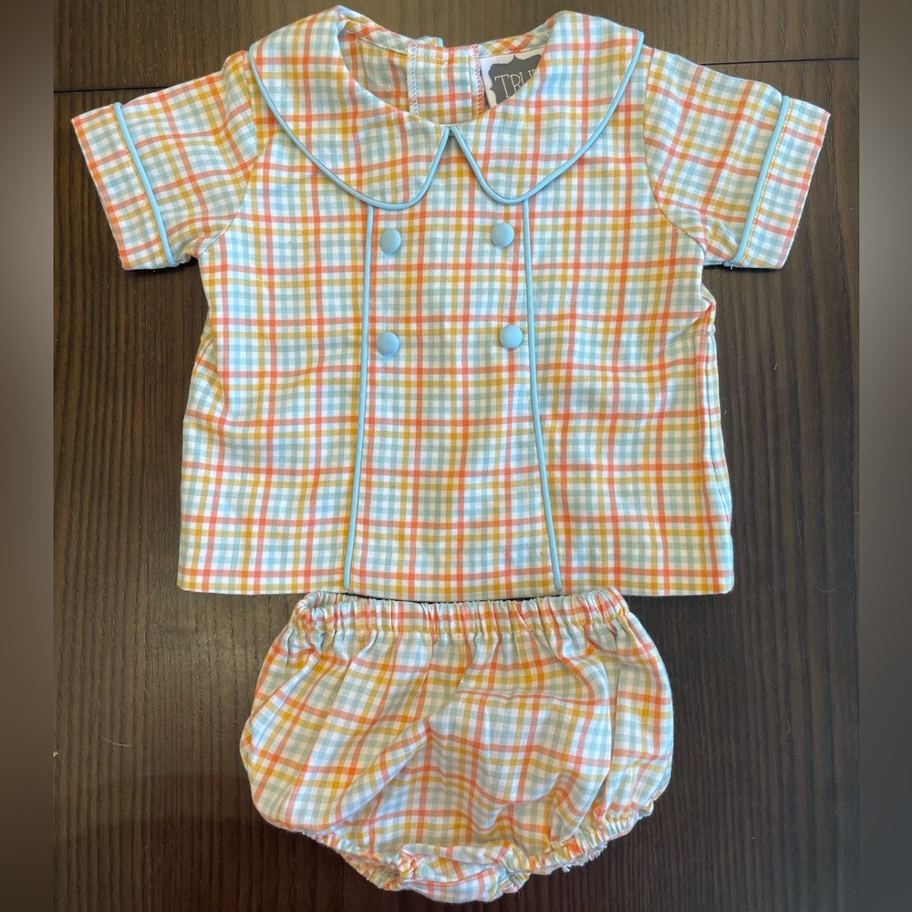 True baby boy plaid 2 piece set with bloomers 12M